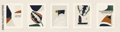 Modern minimalist abstract illustrations with plants. Contemporary wall decor. Collection of creative artistic posters. 