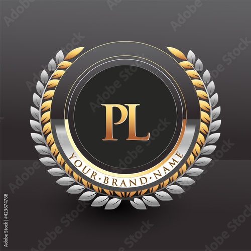 Initial logo letter PL with golden and silver color with laurel and wreath, vector logo for business and company identity.