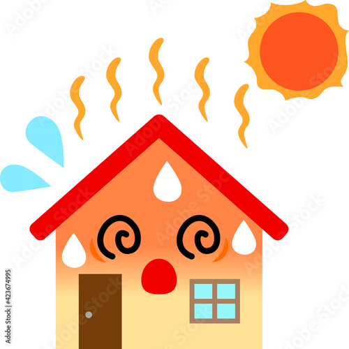 太陽熱で暑くなっている家のキャラクター