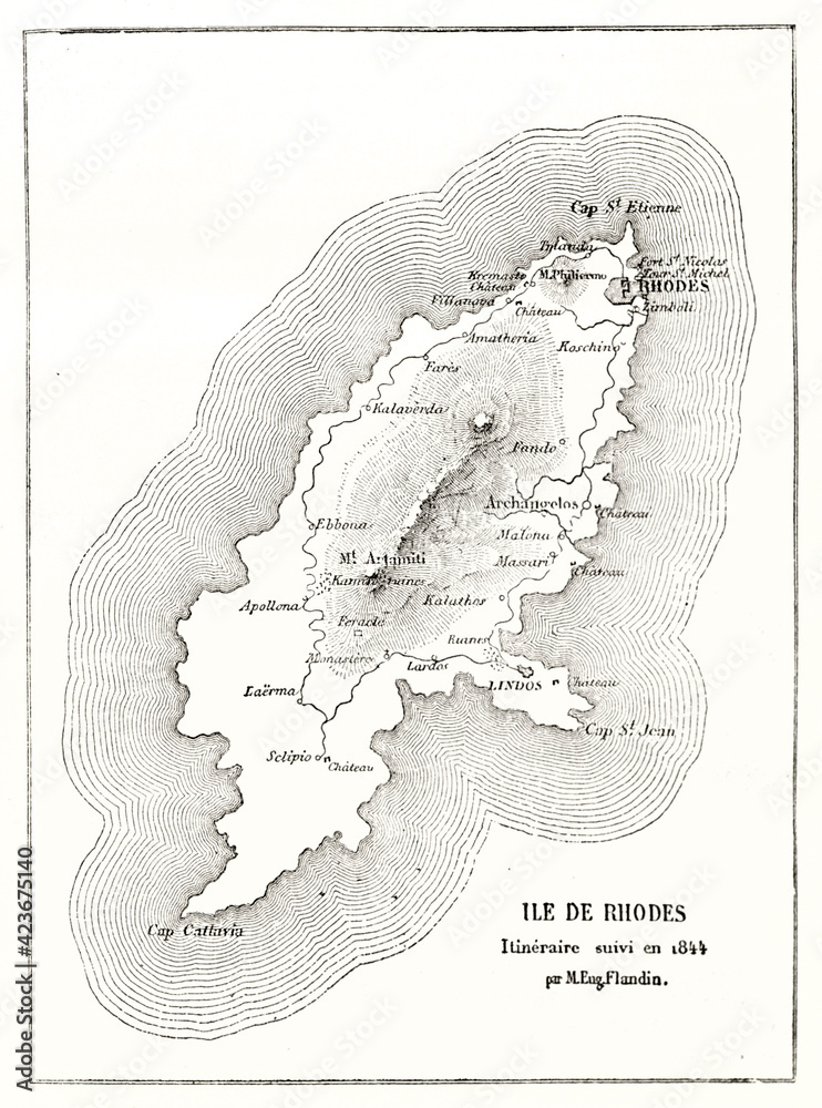 Old map of Rhodes island with vintage captions. By Flandin, publ. on Le ...