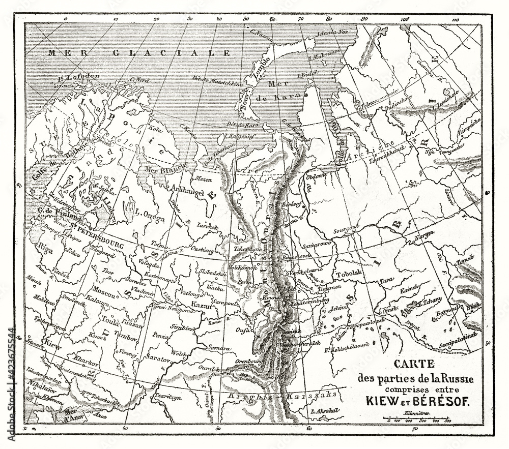 Obraz premium Old map of Russia with vintage captions. By Vullemin and Bonaparte, publ. on Le Tour du Monde, 1862