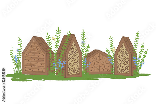 Vector illustration of insect hotel in the garden. View of wooden bee houses on the lawn with flowers and plants.