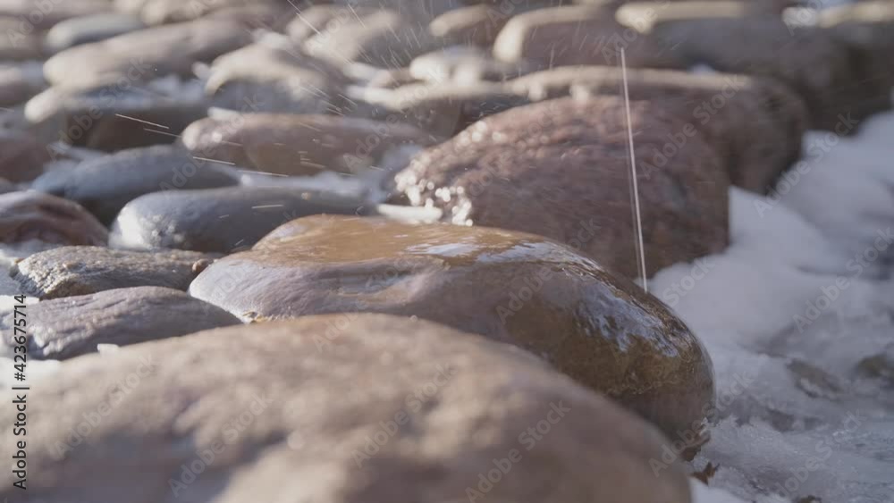 50 FPS Water Drops Dropping on Granite Stone with Bright Light Falling on Stone Path 50 FPS Water Drops Dropping on Granite Stone with Bright Light Falling on Stone Path