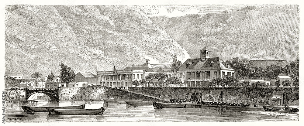 Saint Denis docking, part of colonial buildings and mountains far in the distance in Reunion island. Ancient grey tone etching style art by Riou, Le Tour du Monde, 1862