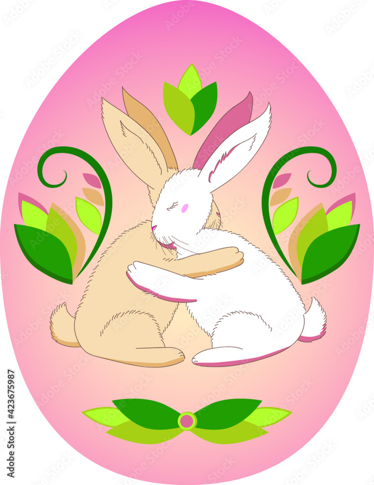 Obraz premium Two rabbits hug each other with their paws. Bunnies with raised ears. 