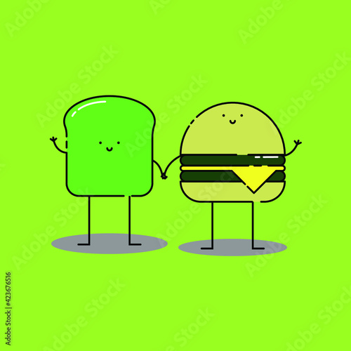 Cute avocado toast and cheese burger Illustration. modern simple food vector icon, flat graphic symbol in trendy flat design style. food character