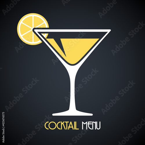 Martini glass with poured martini or vermouth and lemon slice. Design template for cocktail menu. Vector illustration on dark background