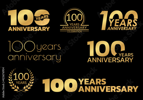 100 years anniversary icon or logo set. 100th birthday celebration badge or label for invitation card, jubilee design. Vector illustration.