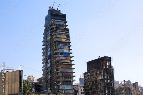 Beirut destruction 9 months after the tragic explosion happened in Port of Beirut on August 4, 2020: Beirut, Lebanon - March 29, 2021