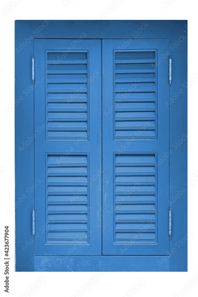 European antique blue wooden shutters window isolated on a white background