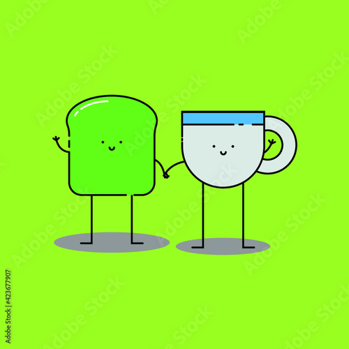 Cute avocado toast and cup of tea Illustration. modern simple food vector icon, flat graphic symbol in trendy flat design style. food character