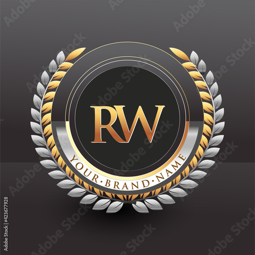 Initial logo letter RW with golden and silver color with laurel and wreath, vector logo for business and company identity.