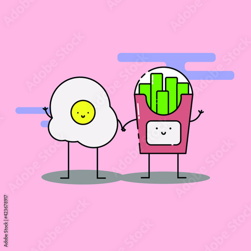 Cute sunny side up egg and french fries Illustration. modern simple food vector icon, flat graphic symbol in trendy flat design style. food character