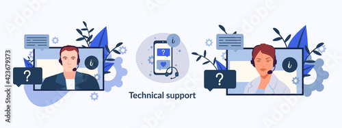 Collection of technical support illustrations. Male and female call center workers. Headset, web, mobile online help.