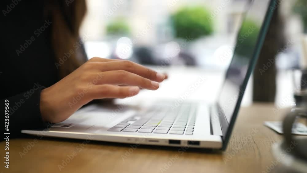Female student using net-book while sitting in cafe Female student using net-book while sitting in cafe