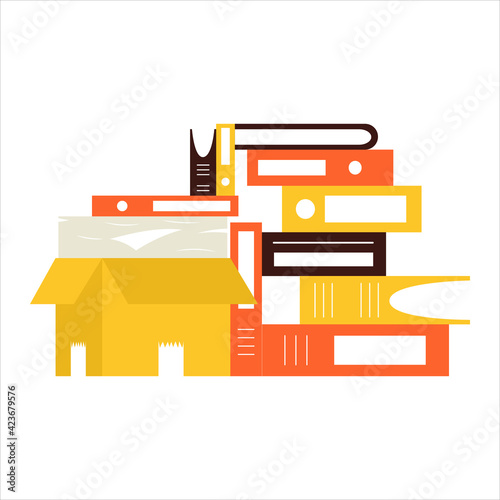 Office paperwork pile. Huge stack of paper documents in box and file folders. Binders and books with data files. Paperwork, office routine, bureaucracy concept.