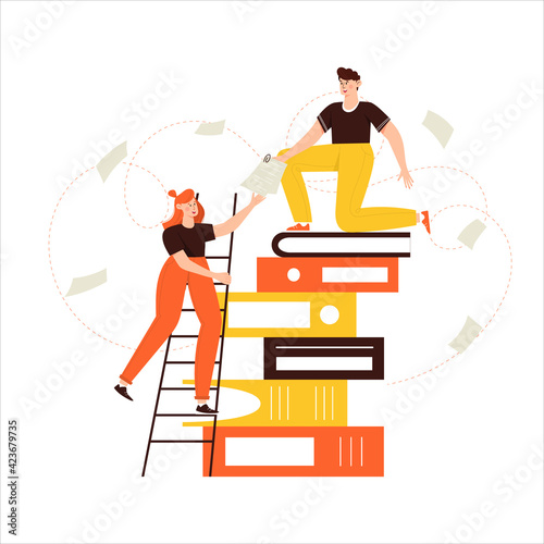 ..Office employees characters hand over documents. Man and woman stand on ladder at huge stack of paper document folders and boxes. File and data transfer concept, sharing between people. Bureaucracy