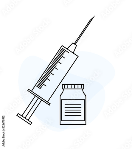 Covid-19 coronavirus vaccine. Time to vaccinate. Vector illustration with syringe with vaccine, bottle and virus.