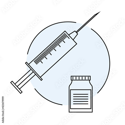 Covid-19 coronavirus vaccine. Time to vaccinate. Vector illustration with syringe with vaccine, bottle and virus.