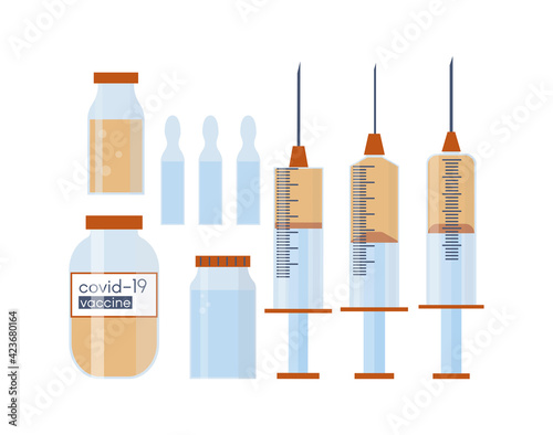 Covid-19 coronavirus vaccine. Time to vaccinate. Vector illustration with syringe with vaccine, bottle and virus.