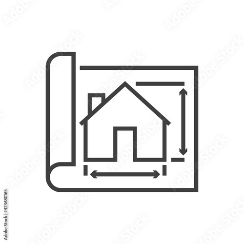 Estudio de arquitectura. Plano de papel con casa con medidas con lineas en color gris
