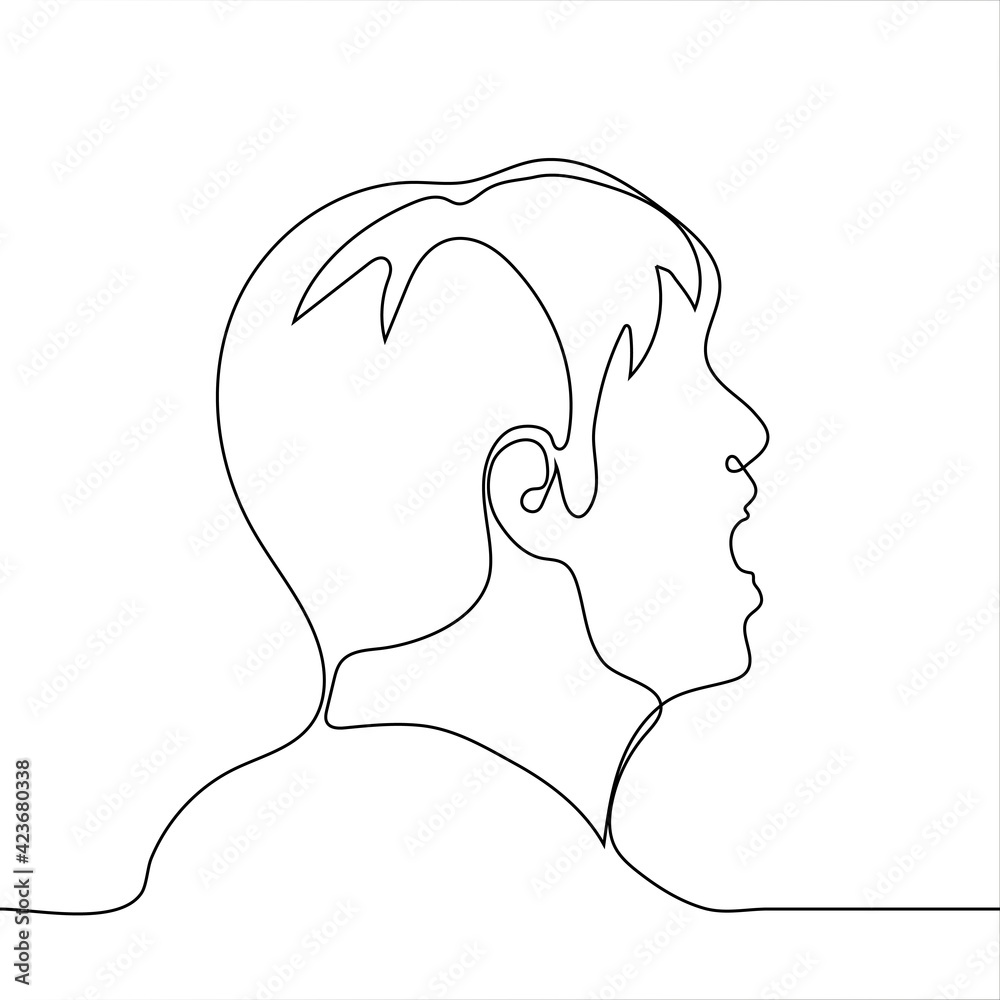 head of a man who screams - one line drawing. profile portrait of a man with his mouth wide open