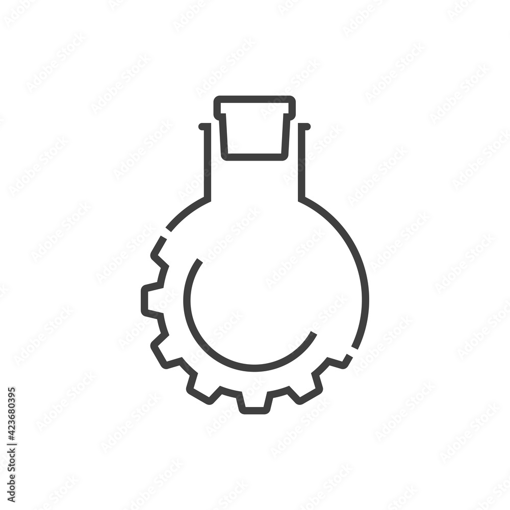 Laboratorio de química. Engranaje con probeta de forma circular con líquido y tapón con lineas de color gris Laboratorio de química. Engranaje con probeta de forma circular con líquido y tapón con lineas de color gris
