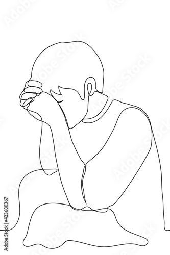 sad or tired man sits with his forehead on hands - one line drawing. the man folded his hands and put hands to face