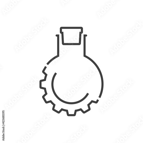 Laboratorio de química. Engranaje con probeta de forma circular con líquido y tapón con lineas de color gris
