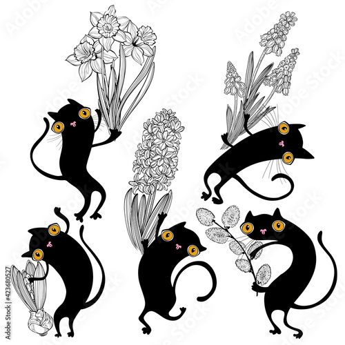 Five adorable black cats with spring flowers. Vector cartoon illustration isolated on white. Perfect for greeting cards, invitations, and as a design element.