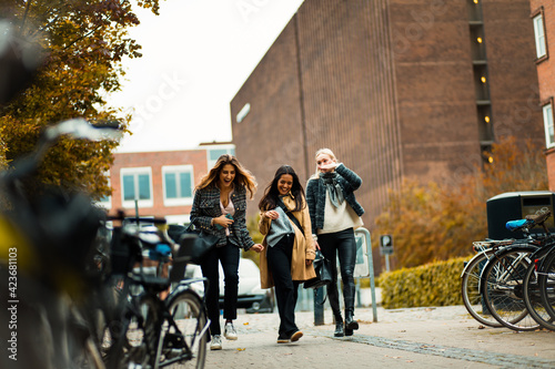 Wallpaper Mural Three young women walking together trough city. Torontodigital.ca