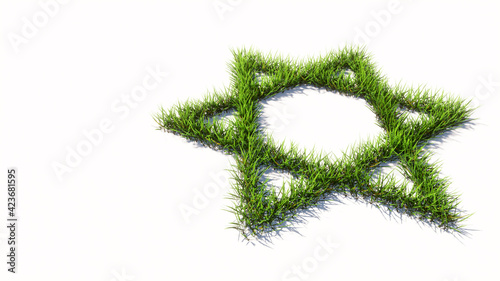 Concept or conceptual green summer lawn grass isolated on white background, sign of religious hebrew David star. 3d illustration metaphor for Judaism and Israel, religion, spirituality, prayer belief