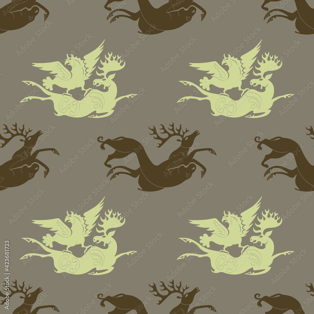 Seamless pattern with ancient Scythian art and animal motifs for your project Seamless pattern with ancient Scythian art and animal motifs for your project