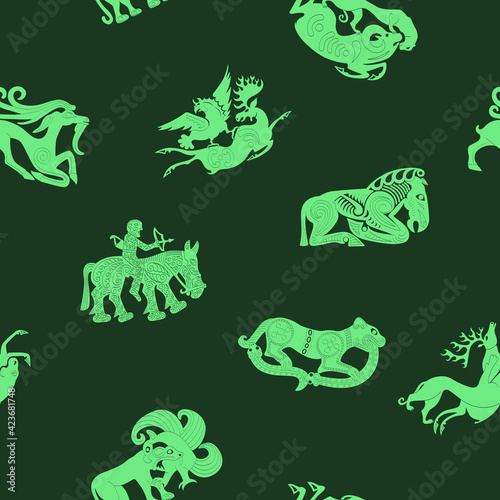 Seamless pattern with ancient Scythian art and animal motifs for your project