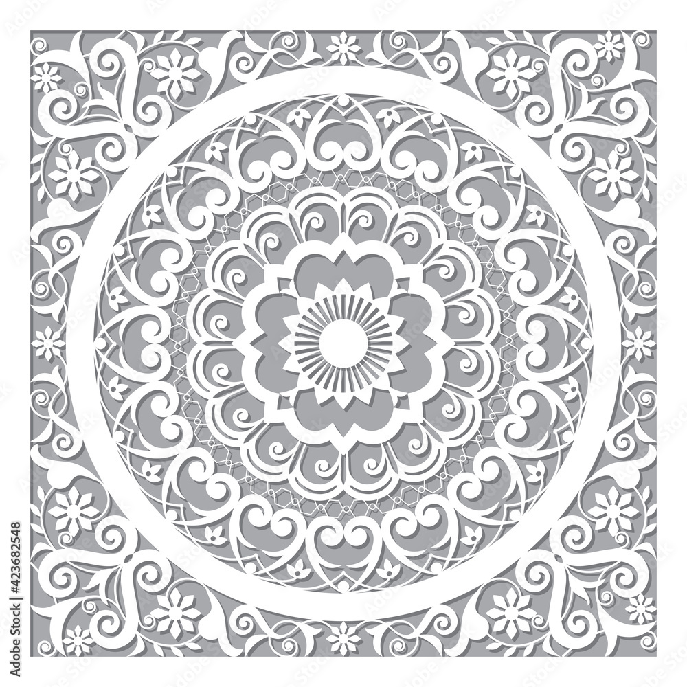 Cool Moroccan vector openwork mandala design in square in white and gray inspired by the old carved wood wall art patterns from Morocco

