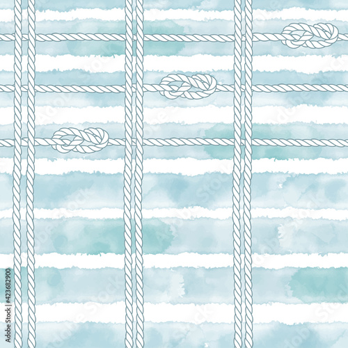 Seamless pattern with marine rope and knots on striped watercolor background. Perfect for design templates, wallpaper, wrapping, fabric and textile.