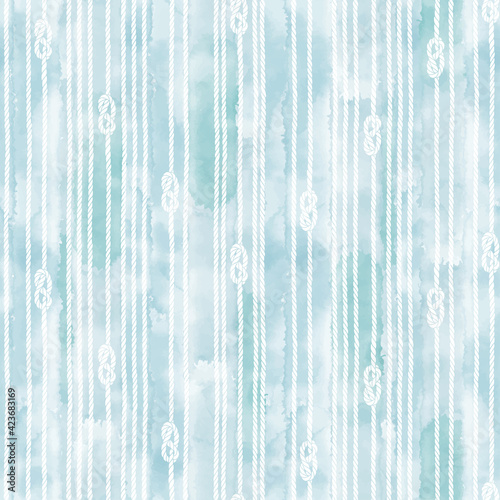 Seamless pattern with marine rope and knots on watercolor background. Perfect for design templates, wallpaper, wrapping, fabric and textile.