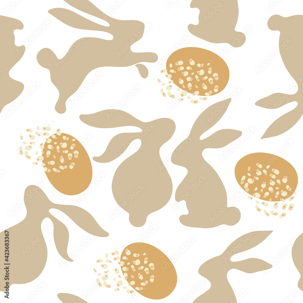 Repeating seamless pattern of Easter eggs and Easter bunnies on a white background in a minimalistic, abstract style, for printing on fabric, packaging, background for social networks