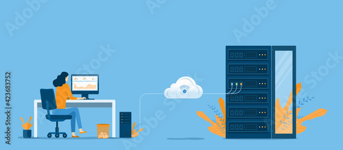 business technology cloud computing service concept and datacenter storage server connect on cloud with administrator and developer working concept
