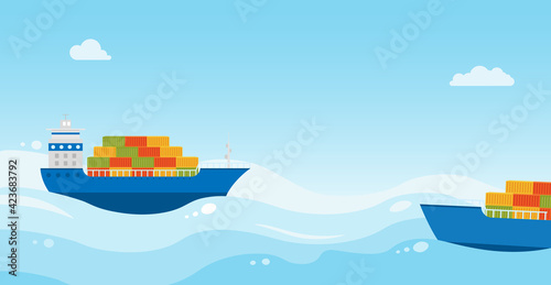 Two cargo sea ships with cargo are sailing on sea. Cargo delivery.