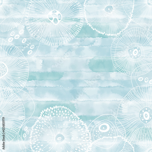 Abstract invitation card template on the marine theme. Naive design with abstract shapes and with place for text on watercolor background. Vector. Layout decorative design background.