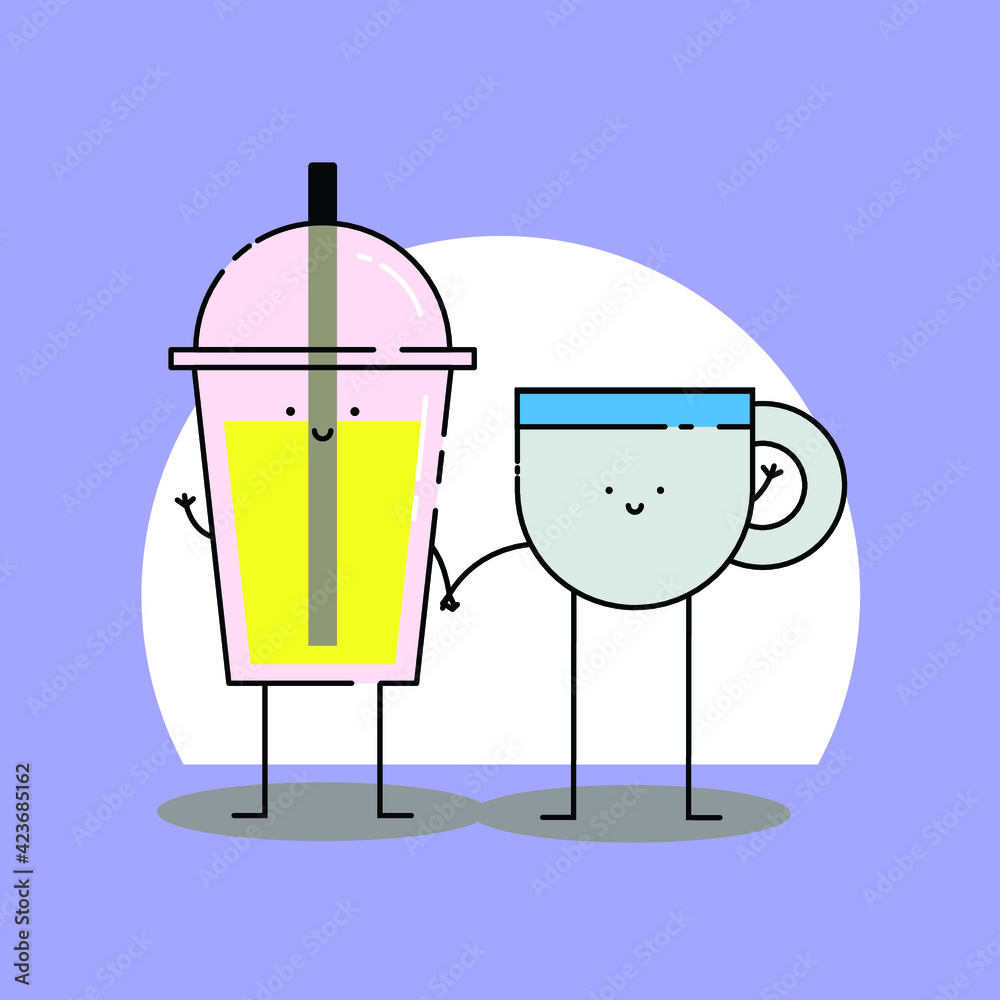 Cute orange softdrink and cup of tea holds hand Illustration. modern simple food vector icon, flat graphic symbol in trendy flat design style. Food character. Cute orange softdrink and cup of tea holds hand Illustration. modern simple food vector icon, flat graphic symbol in trendy flat design style. Food character.