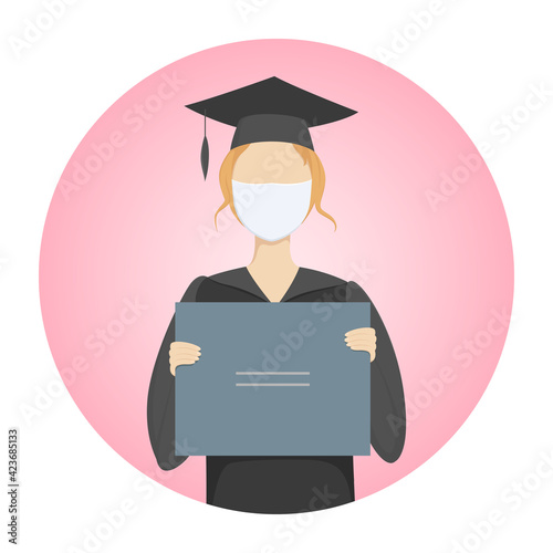 University graduate in mask hold diploma. Vector icon.