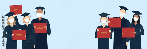 Graduate students in masks hold diplomas. Vector illustration.