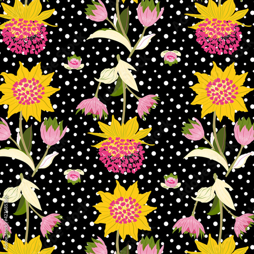 Wallpaper Mural Black colorful seamless floral pattern. Bright color of astrantia flower Torontodigital.ca