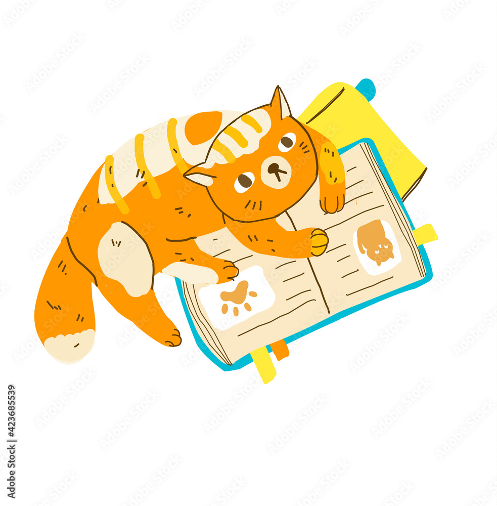 Funny cartoon cat reading books. Modern flat style pet vector illustration  Stock Vector | Adobe Stock