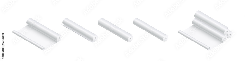 Isometric vector illustration blank paper rolls mock up isolated on white background. Realistic paper rolls or fabric rolls icons in flat cartoon style. White textile or paper rolls mockup template. Isometric vector illustration blank paper rolls mock up isolated on white background. Realistic paper rolls or fabric rolls icons in flat cartoon style. White textile or paper rolls mockup template.