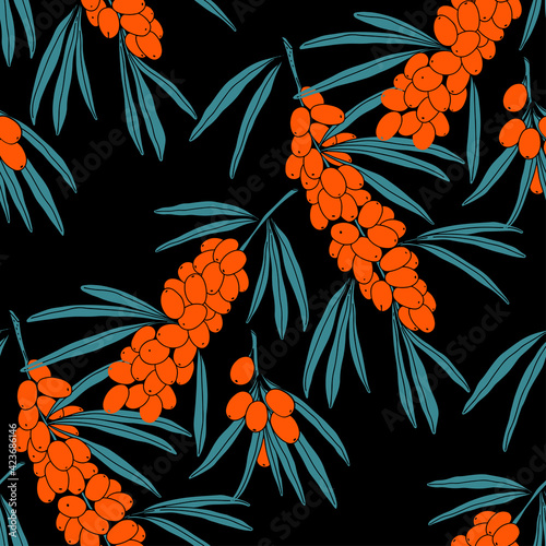 Seamless pattern with sea buckthorn to black background. Vector. Perfect for design templates, wallpaper, wrapping, fabric and textile.