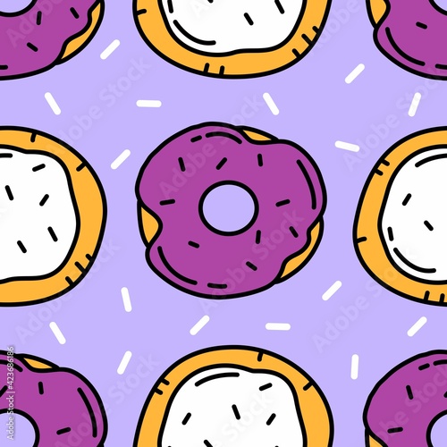 Seamless pattern with bright multicolored donuts, buns and sprinkles on a violet background. Vector cartoon doodle illustration for packaging, wallpaper. Purple and white donuts.