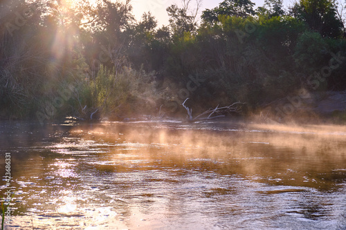 Mysterious atmosphere on the morning river; magic fog in the river valley at sunrise
